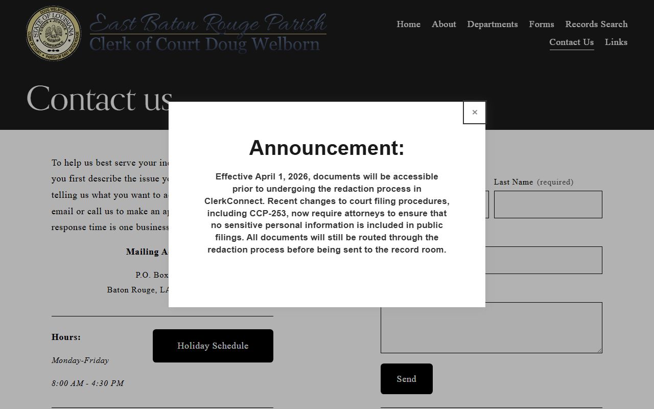 East Baton Rouge Parish Clerk of Court records contact departments