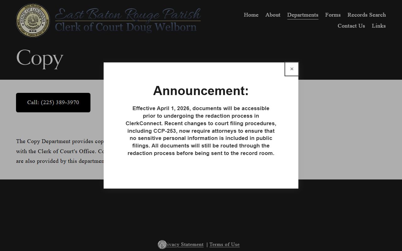 East Baton Rouge Parish Clerk of Court copy and certification fees
