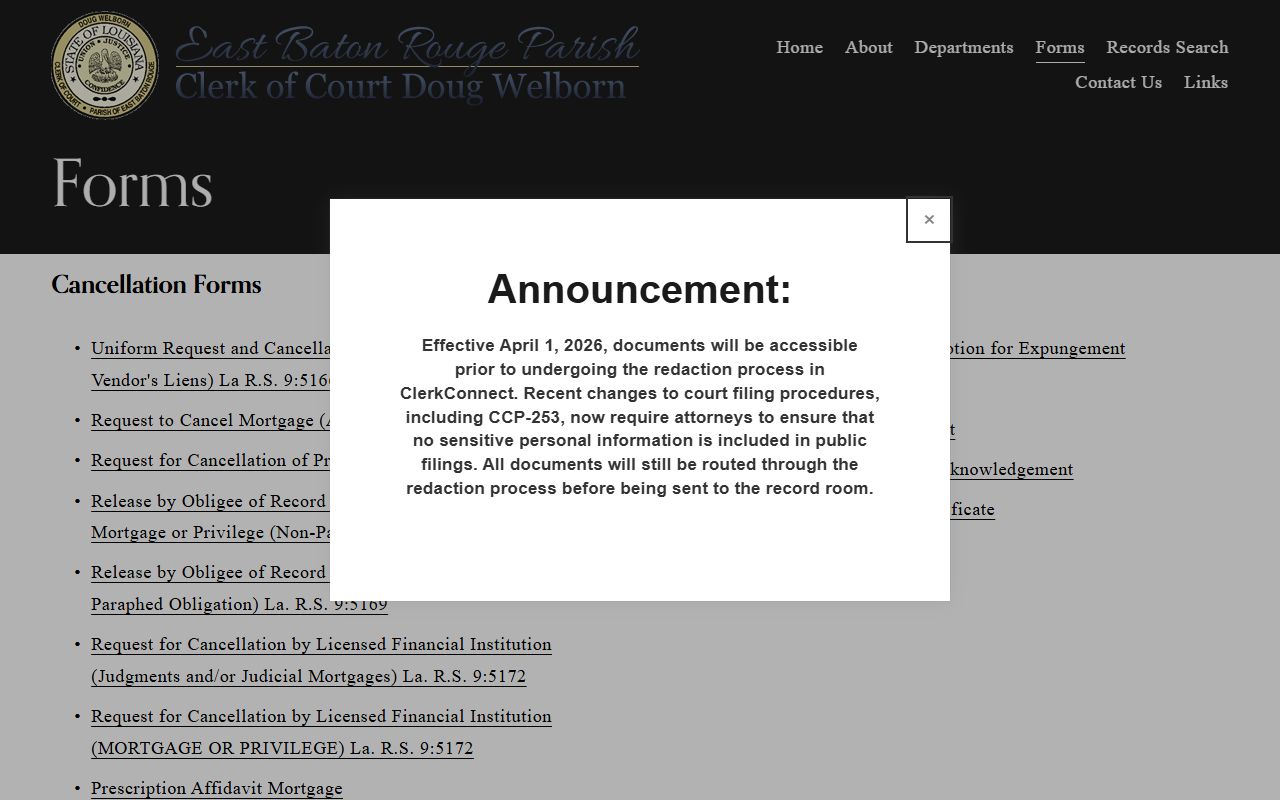 East Baton Rouge Parish Clerk of Court records forms list