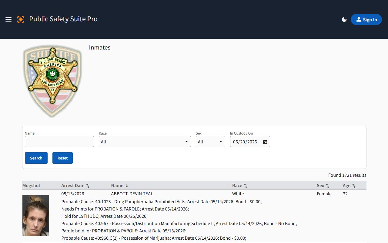 East Baton Rouge Parish inmate records CentralSquare inmate search portal