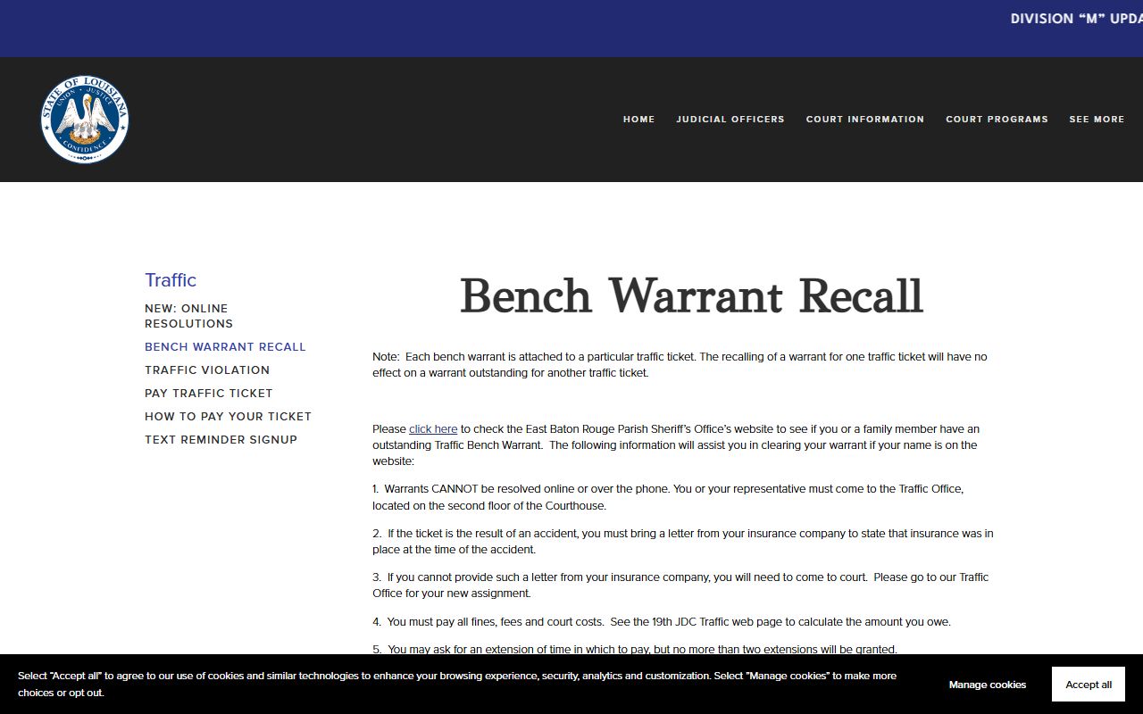 East Baton Rouge Parish warrant records traffic bench warrant recall instructions