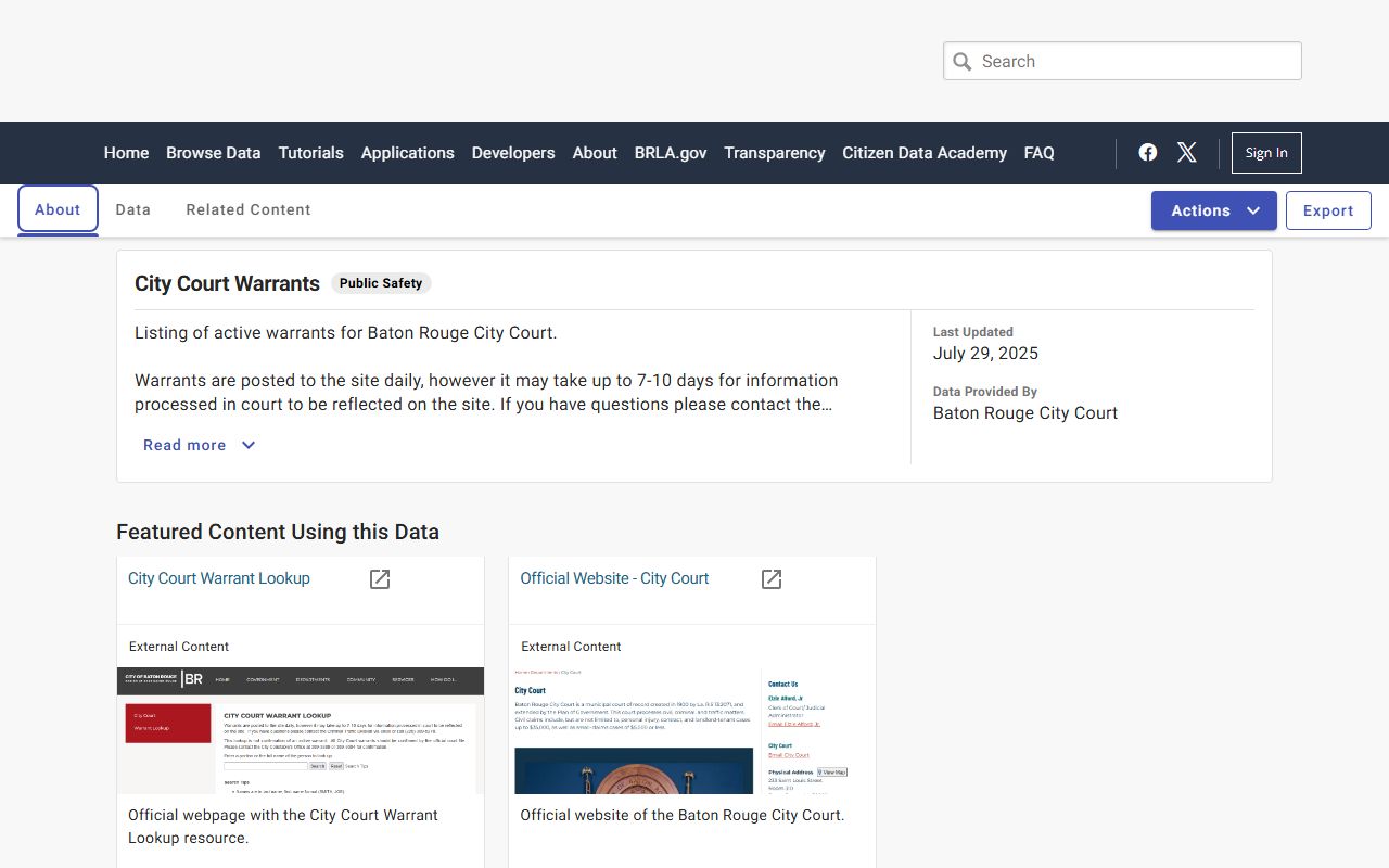 East Baton Rouge Parish warrant records City Court active warrant dataset